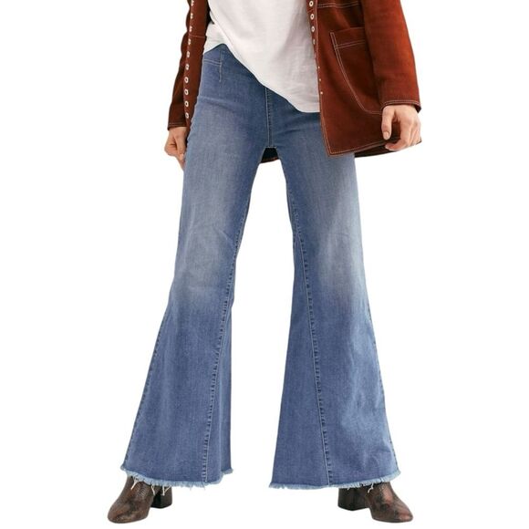 Free People Drapey A Line Pull On Flare Jeans Medium Wash Bellbottoms Size 26 /2 - Picture 6 of 11